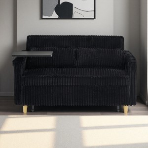 54.13" Pink Corduroy Pull-Out Sofa with Movable Tabletop, USB & 2 Throw Pillows - 1 of 4