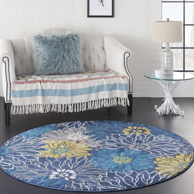Blue and Yellow Floral Round Synthetic Area Rug, 5'3"