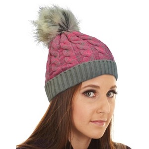 Womens Girls Winter Faux Fur Hat Large Raccoon Fur Pom Pom Beanie Hats Stretch - Terra - 1 of 3