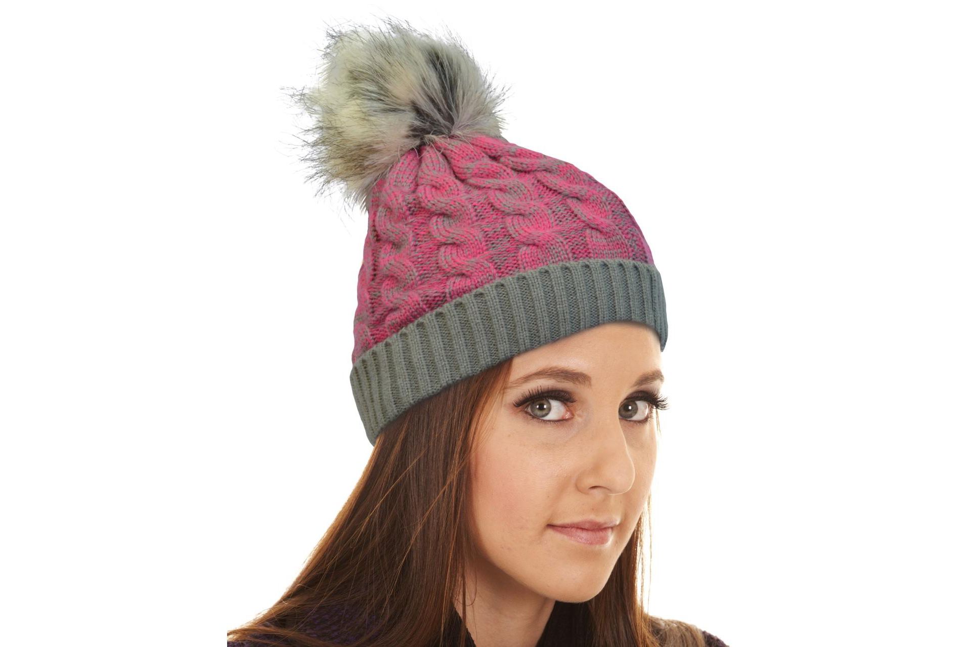 Womens Girls Winter Faux Fur Hat Large Raccoon Fur Pom Pom Beanie Hats Stretch - Terra
