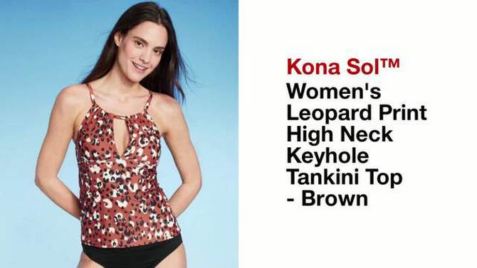 Women's Leopard Print High Neck Keyhole Tankini Top - Kona Sol™ Brown, 2 of 17, play video