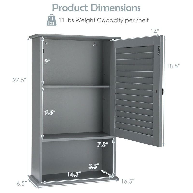 Costway Bathroom Wall Mount Storage Cabinet Single Door w/Height Adjustable Shelf Grey, 4 of 10
