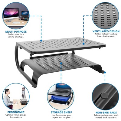 Black Metal Two-Tier Desktop Monitor Stand with Vented Design
