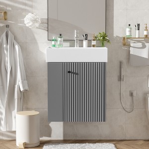 KWPZQEB 21.6" Modern Bathroom Vanity with Ceramic Basin, Floating Vanity Sink Cabinet with Doors & Side Storage, Wooden Cabinet with Sink - 1 of 4