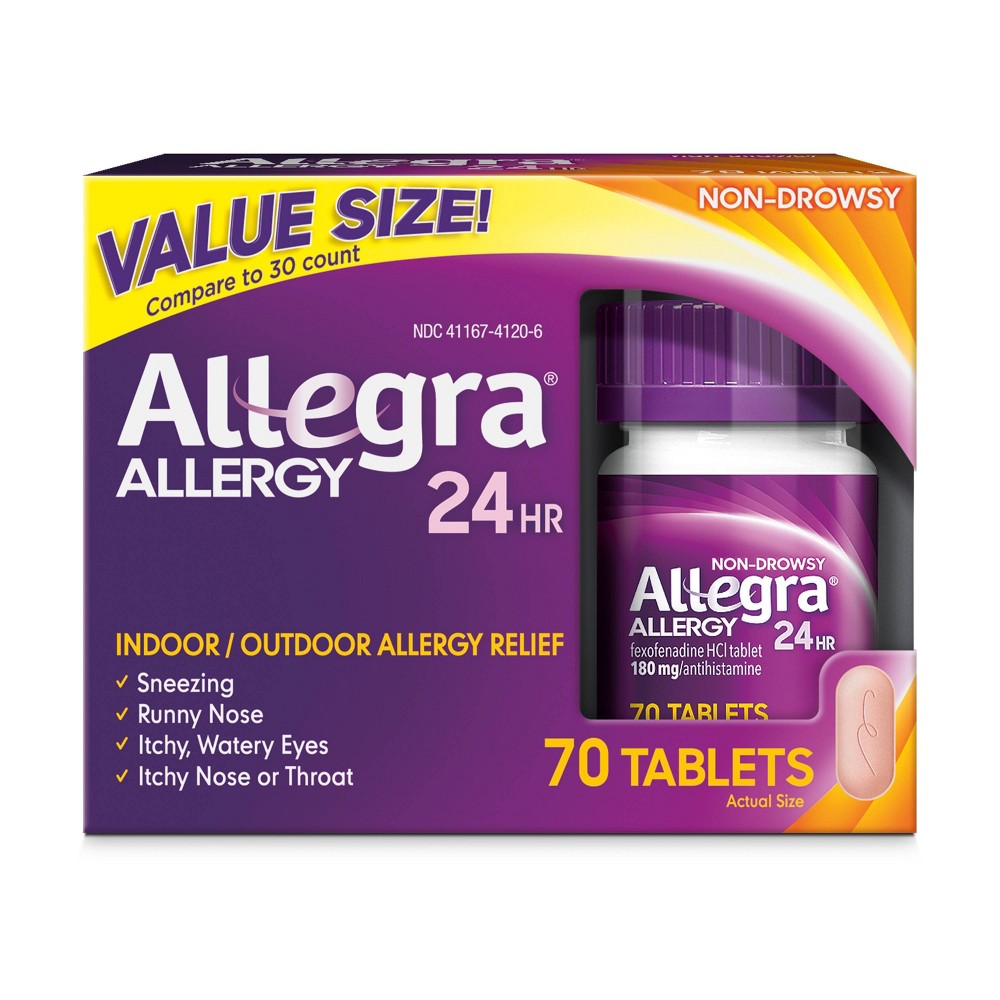 Allegra 24 Hour Allergy Relief Tablets - Fexofenadine Hydrochloride - 70ct For your worst allergy symptoms, nothing works faster or stronger than Allegra 24-Hour Adult Non-Drowsy Antihistamine Tablets. Allegra Tablets start working in one hour to give you round-the-clock relief from sneezing, runny nose, itchy and watery eyes, and itchy nose or throat. One pill is all you need for 24-hour relief. Formulated with active ingredient fexofenadine, Allegra Non-Drowsy Allergy Medicine provides powerful relief from indoor and outdoor allergies, including seasonal allergies and pet allergies. Be ready for spring allergies, fall allergies, dog allergies and more. Stock up on Allegra 24-Hour Non-Drowsy Tablets for fast, effective allergy relief. Starts working in one hour; applies to first dose only. Among single-ingredient branded OTC oral antihistamines. Size: 70 Count.