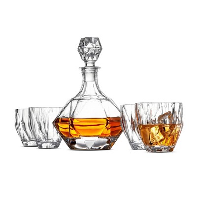 OSTO Diamond-Shaped Whiskey Decanter; European Style Glass Decanter with 4 Glasses; 30 Oz. Includes Gift Box BPA-Free 5-Piece Set