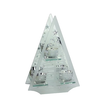 Ganz 10" Frosted Glass Mirrored Christmas Tree Tea Light Candle Holder - Clear/Silver