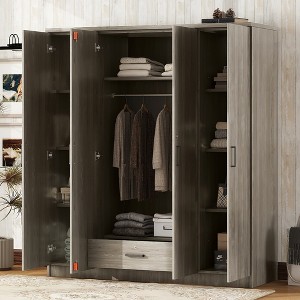 TIRAMISUBEST 4-Door Wardrobe with 1 Storage Drawer and Hanging Rod, Modern Bedroom Armoire Closet with Storage Shelves - 1 of 4