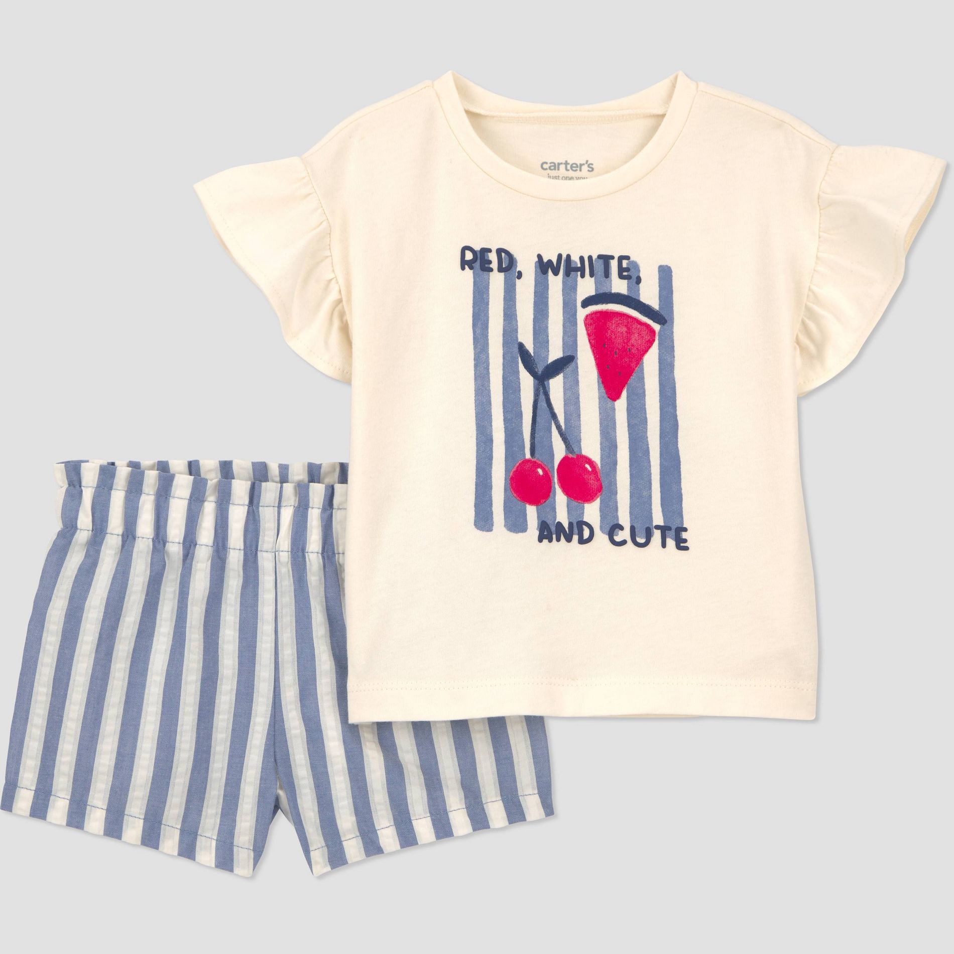 Carter's Just One You® Baby Girls' 2pc Striped Fruit Graphic Americana T-Shirt and Shorts Set - Blue/Ivory/Red