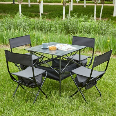 VisioGear Folding Chair, 5-Piece Folding Outdoor Chairs Set with 1 Table, Camping Chair for Picnics, Backyard, Black & Gray, 19.3"*15.35"*30.5"