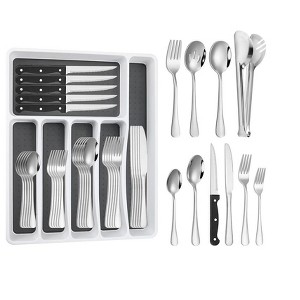 Aoibox 53-Piece Stainless Steel Flatware Set for 8 with Drawer Organizer, Includes Spoons, Forks, Steak Knives & Serving Utensils, Mirror Polished - 1 of 4