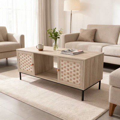 Homy Casa Modern Coffee Table with Woven Panel Doors and Open Storage, Oak