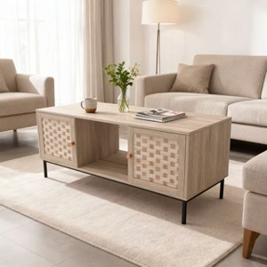 Homy Casa Modern Coffee Table with Woven Panel Doors and Open Storage, Oak - 1 of 4