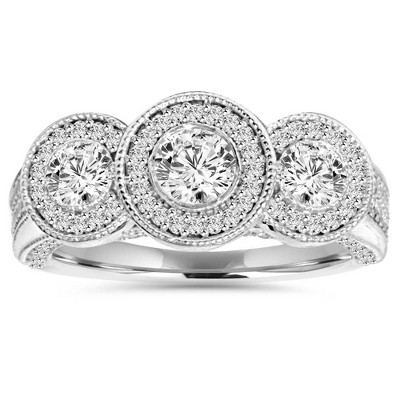 Pompeii3 1ct Vintage 3-Stone Halo Diamond Ring 10K White Gold