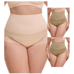 INSPIRE CHIC 3 Packs Women's Lace Trimmed Tummy Control High Waisted Soft Breathable Full Coverage Briefs - 1 of 4
