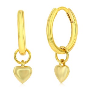 Bella Silver Sterling Silver Heart Charm Huggie Hoop Earrings - Gold Plated - Gold - 1 of 2