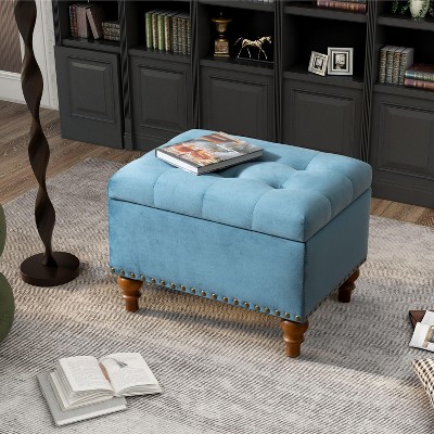 CAVINAS Modern Pull-Open Top Square Ottoman Bench with Storage,Velvet Button Tufted Ottoman for Living Room,Bedroom