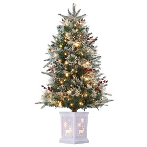 4.5 Ft PreLit Artificial Christmas Tree with Lights,Snow Flocked,Traditional Green Design,Include Elk Base and Berries for In/Outdoor Holiday Decor - 1 of 4