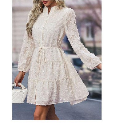 Coolmee Women's Floral Lace Long Sleeve Dress Button Up   Belted Mini Dress for Fall