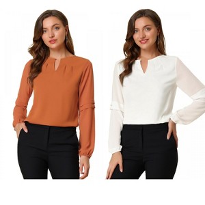 Allegra K Women's Chiffon Semi Sheer Keyhole Neck Elegant Work Blouse 2 Packs - 1 of 4