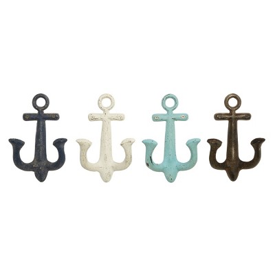 Set Of 2 Wood Anchor White Washed 4 Hanger Wall Hooks With Hanging Rope And  Bronze Metal Accents Brown - Olivia & May : Target