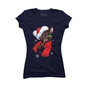 Junior's Design By Humans Christmas cat By POLINART T-Shirt - 1 of 3