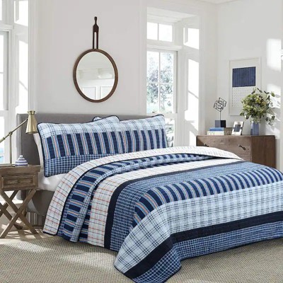 Evo Bytes Navy Orange Stripe Reversible Cotton Quilt Bedding Set - Twin