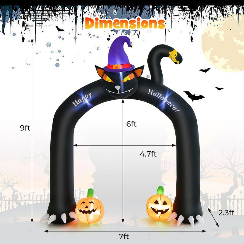 Costway 9FT Halloween Inflatable Cat Archway Blow-up Doorway Decoration with Wizard Cat & Pumpkins  Bright LED Lights, 4 of 11