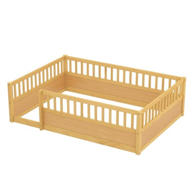 SEVOBAL Kids Bedroom Twin Floor Bed Frame With Fence Montessori Wooden Design No Box Spring Needed for Bedroom Playroom, Brown, 78.94"*13.78"*6.5"