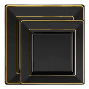Smarty Had A Party Black w/ Gold Square Edge Rim Plastic Dinnerware Set - 40 Sets - 1 of 4