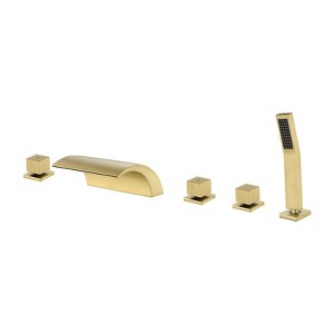 Cobbe 5-Hole Installation Tub Faucet Kit with 7.09-inch Wide Waterfall Spout, Hand Shower, 2 Switches and 1 Diverter Knob Brushed Gold - 1 of 4