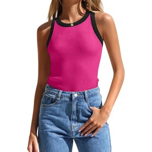 Womens Summer Color Block Trim Round Neck Halter Tank Top Vest - 1 of 1