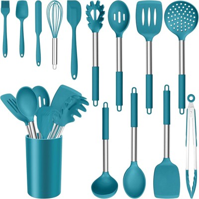 BRINJOY 14-Piece Silicone Kitchen Utensil Set - Heat Resistant Non-Scratch Cooking Tools with Stand,Blue