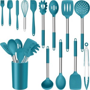 BRINJOY 14-Piece Silicone Kitchen Utensil Set - Heat Resistant Non-Scratch Cooking Tools with Stand,Blue - 1 of 4