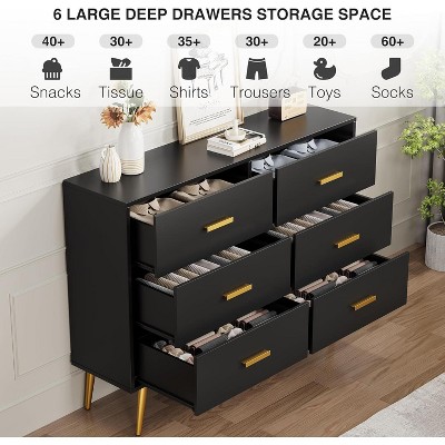 6 Drawer Dresser for Bedroom, Modern  Wooden Chest of Drawers with Gold Handles, Storage Cabinet for Entryway and Living Room
