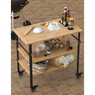 Pizza Oven Table 33"x20"x35.5", Outdoor Grill Table on 4 Wheels, Three-Shelf Bamboo Cart for Food Prep, BBQ Dining, Wood Color