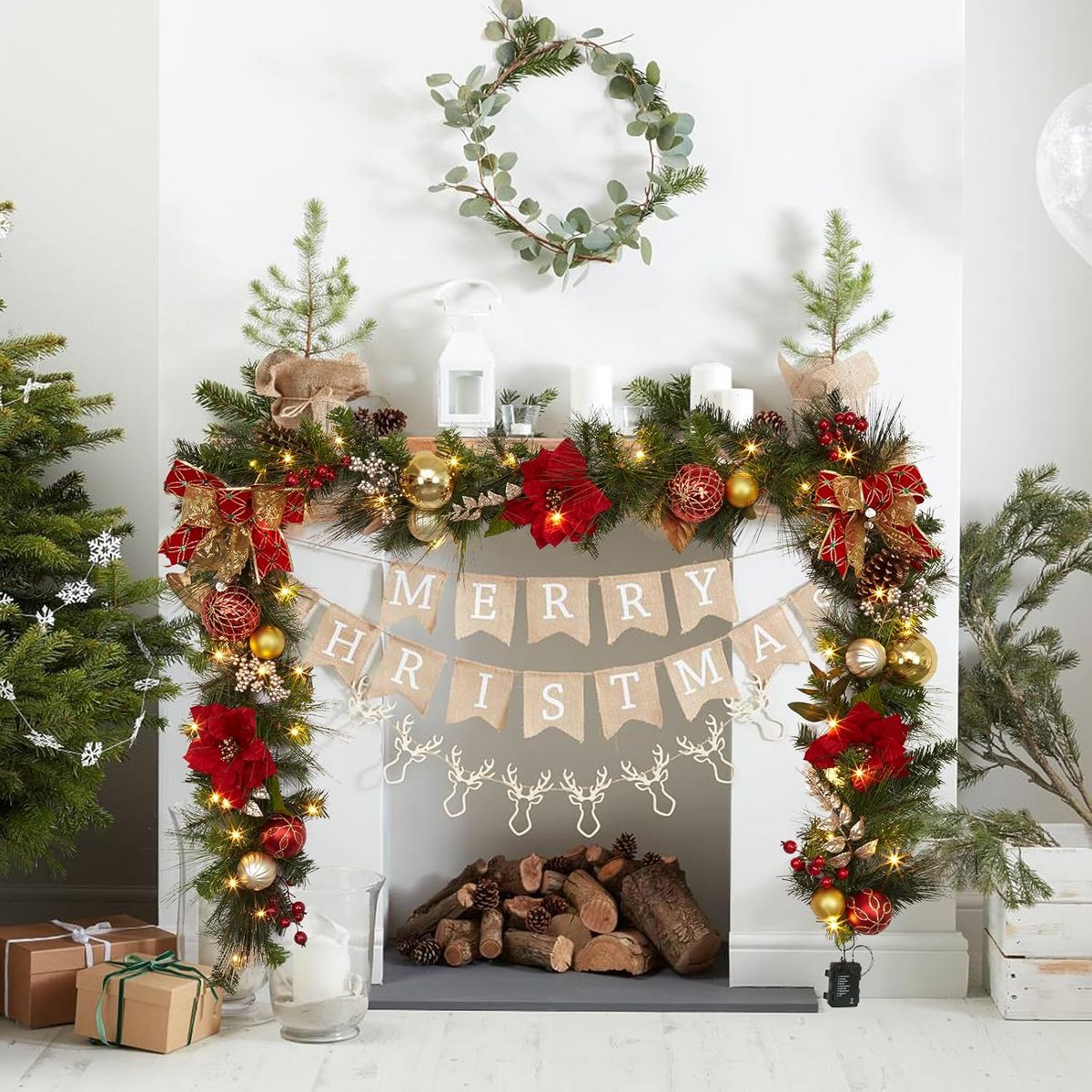 9 Ft Prelit Christmas Garland, Battery Operated Xmas Garland with Lights Silver White Ball Ornaments Pine Cones for Fireplace Door Stairs Railing - thumbnail 2