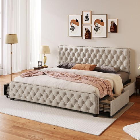 King Upholstered Linen Platform Bed Frame with Curved Tufted Headboard  Beige-ModernLuxe