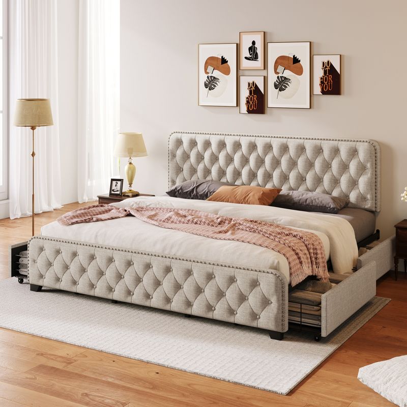 Button Tufted Upholstered Platform Bed with Four Drawers - ModernLuxe, 1 of 11