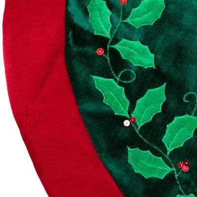 48" Dark Green Velveteen Christmas Tree Skirt with Holly and Berry Embellishments