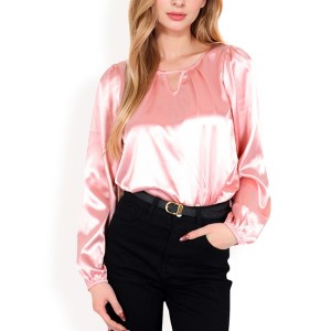 Anna-Kaci Women's Satin Blouse with Keyhole Neckline and Long Sleeves - 1 of 4