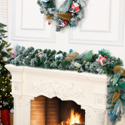 Christmas Garland, 6ft Snow Frosted Xmas Garland with Village House, Pinecones, Colorful Balls
