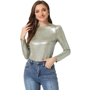INSPIRE CHIC Women's Metallic Round Neck Long Sleeve Sparkly Disco Party Shiny Top - 1 of 4