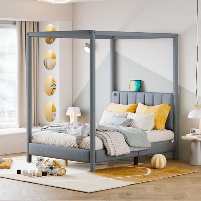 CAVINAS Full-Size Bed with Canopy Platform Bed, Full Bed Frame with USB and Type-C Ports, Canvas, Gray