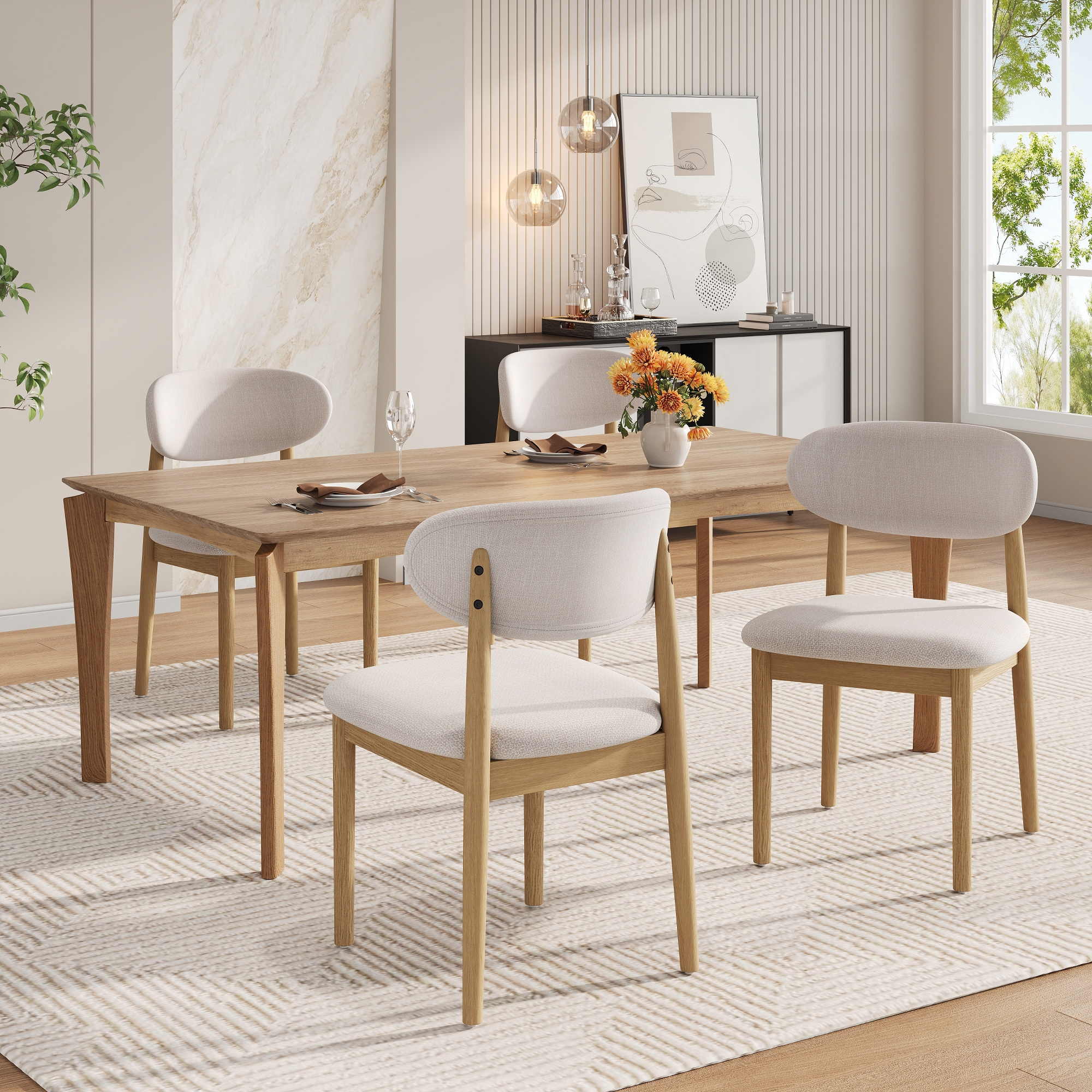 Christopher Knight Home Bulwarth Mid-Century Modern Rubberwood Upholstered Dining Chair with Curved Back (Set of 4), Natural/Beige