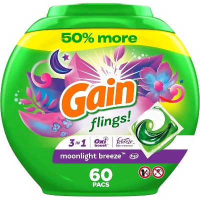 Gain Flings Laundry Detergent Pacs, 60 Count, Moonlight Breeze Scent, 3 in 1 HE Detergent Pacs with Oxi Boost and Febreeze
