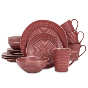 Elanze Designs Chic Ribbed Modern Thrown Pottery Look Ceramic Stoneware Plate Mug & Bowl Kitchen Dinnerware 16 Piece Set - Service for 4, Red - 1 of 4