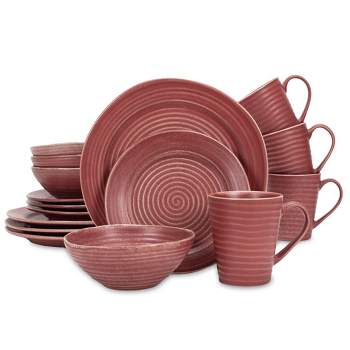 Elanze Designs Chic Ribbed Modern Thrown Pottery Look Ceramic Stoneware Plate Mug & Bowl Kitchen Dinnerware 16 Piece Set - Service for 4, Red
