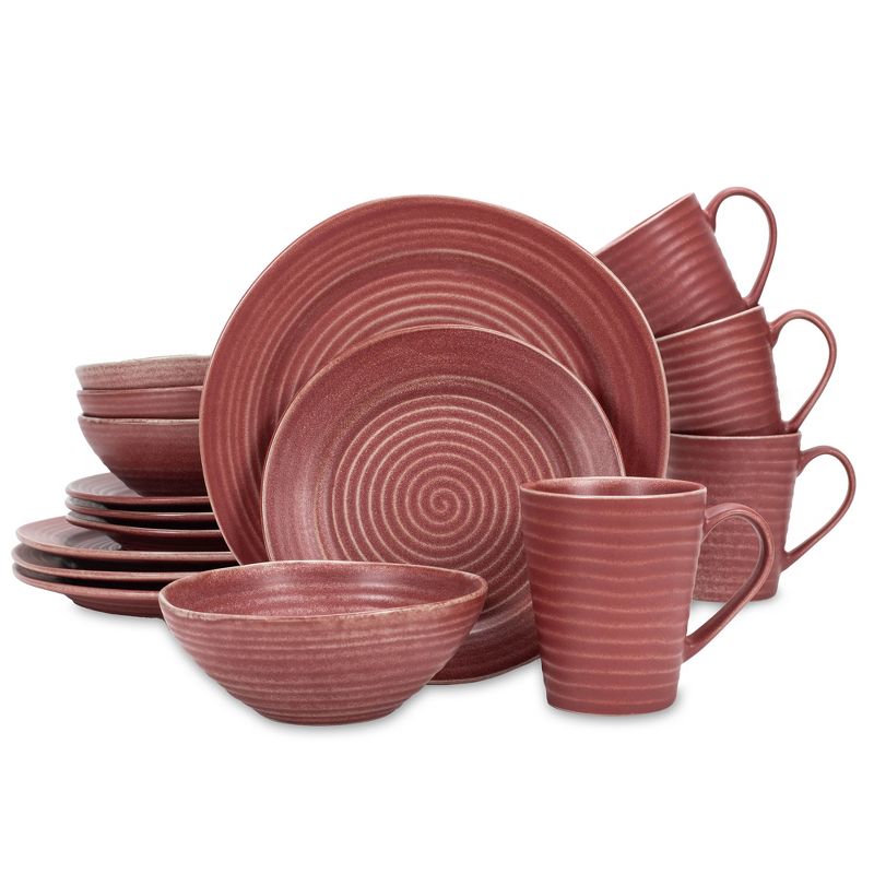 Elanze Designs Chic Ribbed Modern Thrown Pottery Look Ceramic Stoneware Plate Mug & Bowl Kitchen Dinnerware 16 Piece Set - Service for 4, Red, 1 of 7