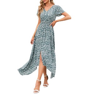 Coolmee Women Summer Maxi Dress Casual Floral Short Sleeve V Neck Button Down High Low Beach Vacation Sundress - 1 of 4